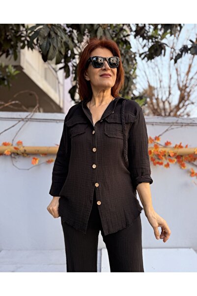 DenizEge Cămașă cu glugă de muselină neagră