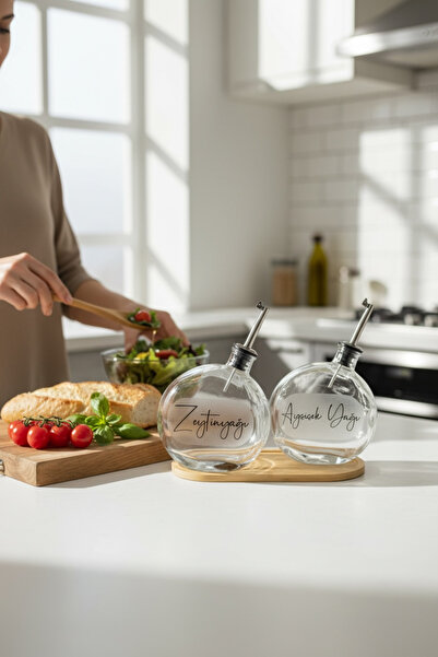 Saatistan Bambu Standlı Cam Yağlık Seti 2’li, 500 ml Zeytinyağı ve Ayçiçek Ya...