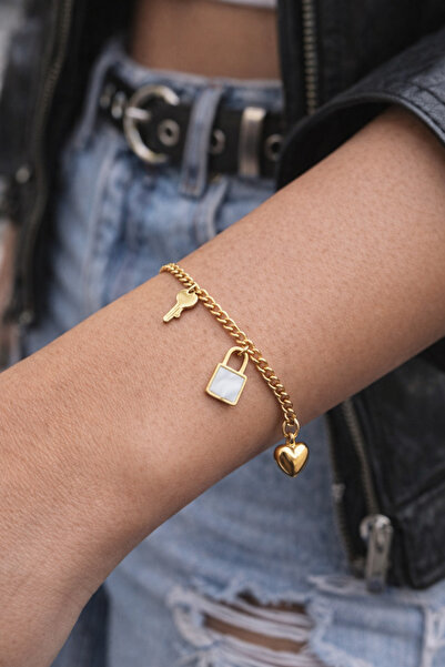 staınless steel 14K Gold Renk Paslanmaz Çelik Anahtar Kilit Kalp Charm Bileklik