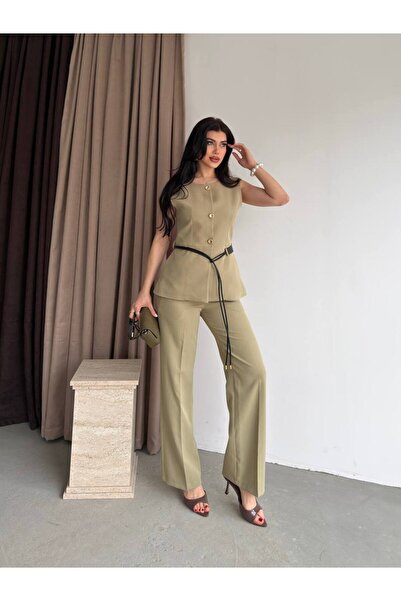 Bak'ap Premium Deri Kemer Detaylı Gold Düğmeli Yelek - Pantolon 2' li Takım