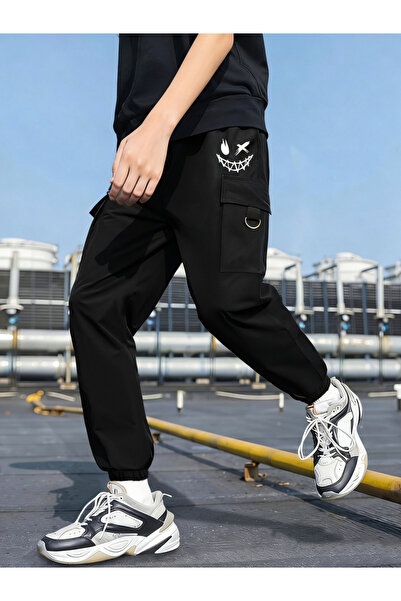 Take Two By Styli Boys Black Cargo Pants with Smile Graphic