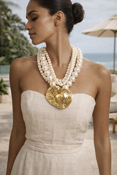 TAUPE Bijoux Whitley Gold Plaka Detaylı İncili Kolye