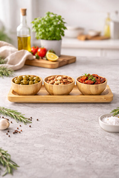 Sevedo Bambu 3’lü Mini Kase Sunumluk 21x7x3 cm Ahşap Tepsili Çerezlik Sosluk ...