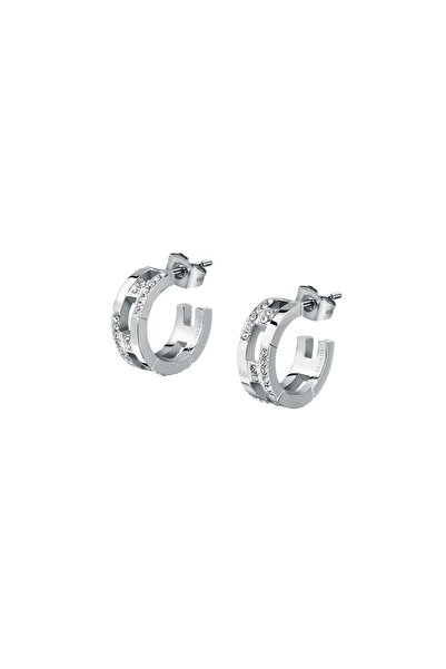 Trussardi T-Logo earrings, silver stainless steel, white crystals, earring si...