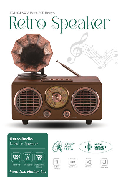 Kensa Gramofon Tasarım Ahşap Görünümlü Bluetooth Nostaljik Retro Radyo USB TF...