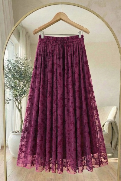 InStyle Floral Flocked Tulle Lined Fuchsia Skirt