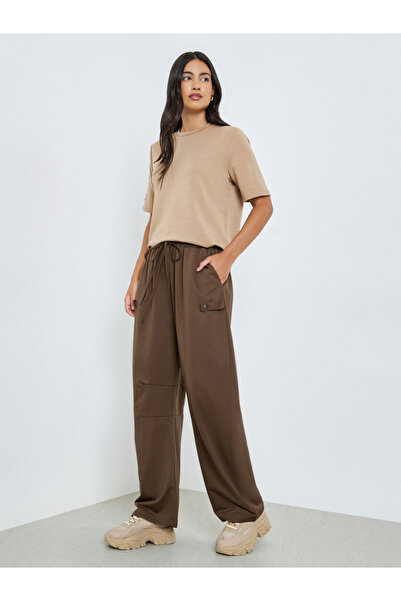 Styli Brown Wide Leg Joggers with Drawstring