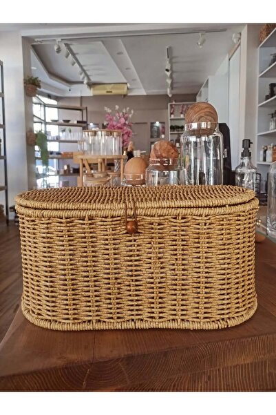 Coş Ev Mutfak Hasır Rattan Kapaklı Saklama Kutusu Organizer Çok Amaçlı 35*16