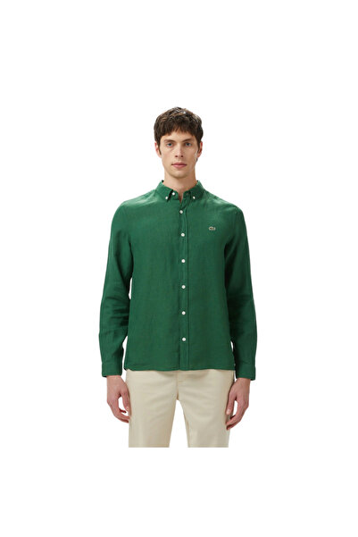 Lacoste Men's Regular Fit Button Collar Linen Dark Green Shirt