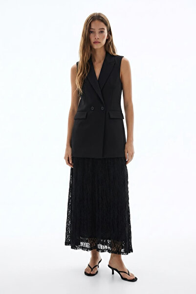 Quzu Lace Skirted Dress Vest Black