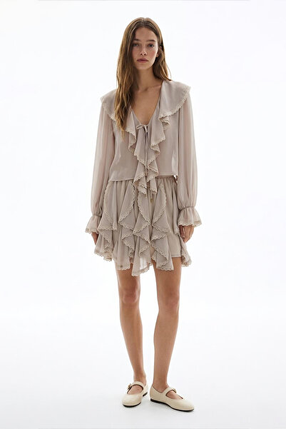 Quzu Elastic Waist Lace Striped Mini Skirt Beige