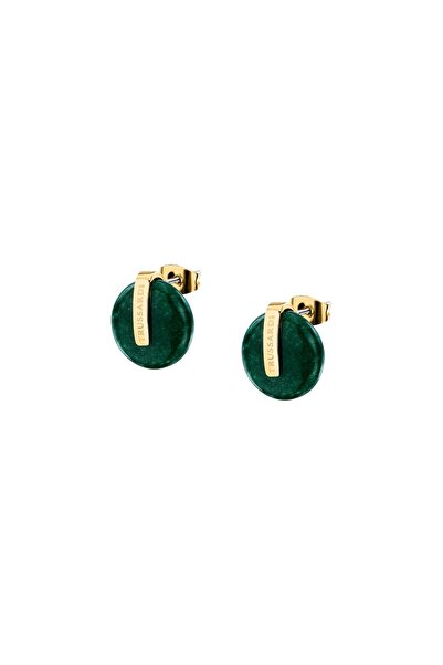 Trussardi T-Round earrings, gold stainless steel, green agates, size 14mm, TJ...