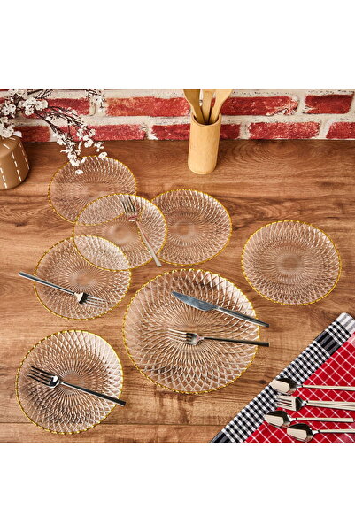 Saatistan Şeffaf ve altın detaylı 7 parçalı pasta seti, şık ve kullanışlı tas...