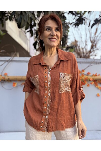 DenizEge Italian Eyelet K Linen Shirt Cinnamon