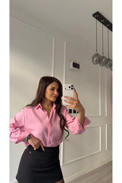 Daves Pembe Lüx Kalite Nakış Detaylı Gömlek