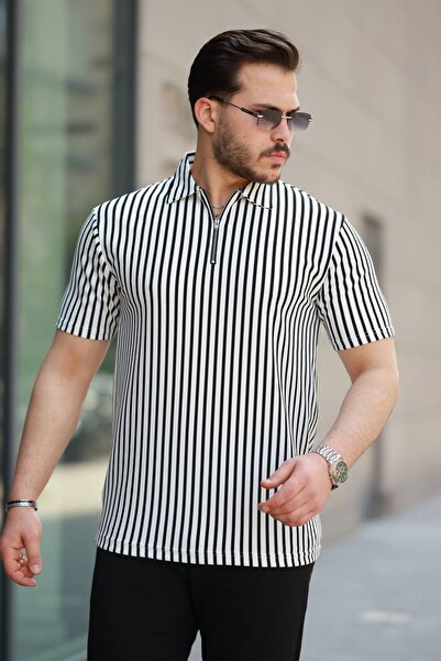 Minharir Men's Dikine Striped Half-Zip Polo Collar T-Shirt
