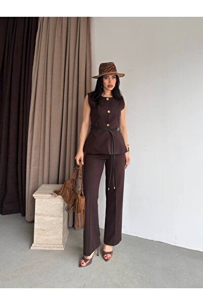 Bak'ap Premium Deri Kemer Detaylı Gold Düğmeli Yelek - Pantolon 2' li Takım