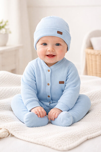 Arin Baby Waffle Fabric Blue Color Blanketed 5 Piece Baby Boy Overalls /Baby ...