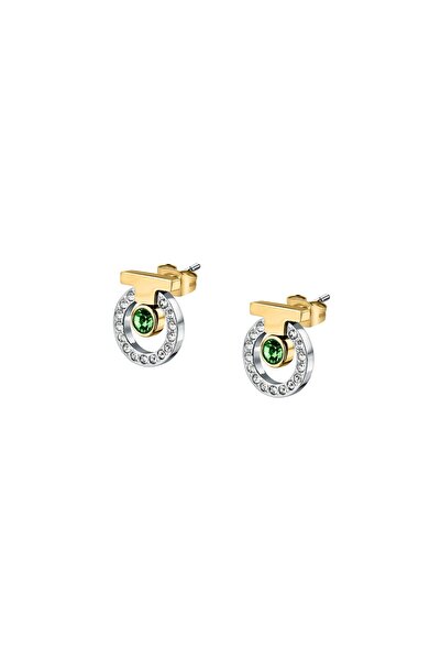Trussardi T-Logo earrings, gold, silver stainless steel, white, green crystal...