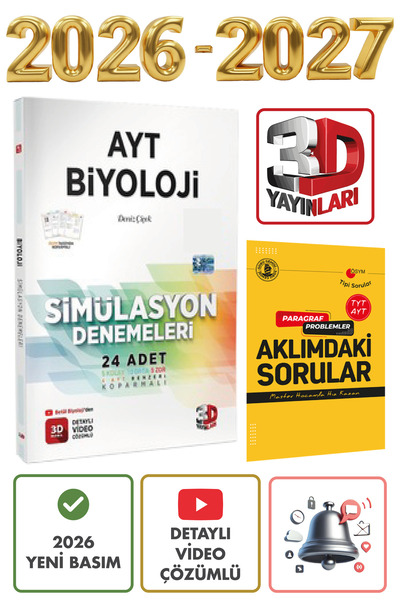 3D Yayınları AYT 3D Biyoloji Simülasyon Denemeleri ÖSYM Tarzında 24 Adet Deneme