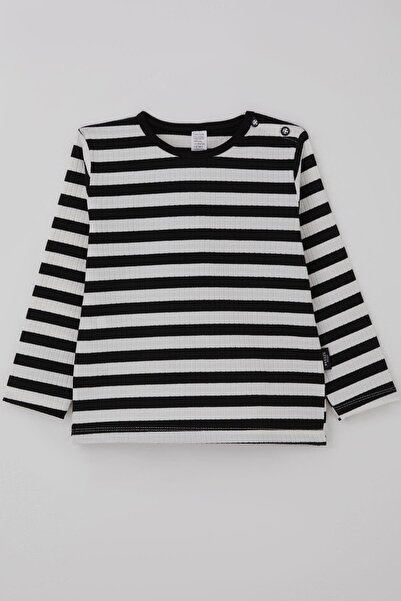 Breeze تي شيرت للأطفال الأولاد بأكمام طويلة مخطط من 9 أشهر إلى 3 سنوات، أسود