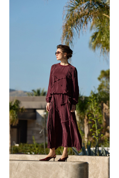 MissWhence Zip Detail Skirt Blouse Set 39020 Burgundy