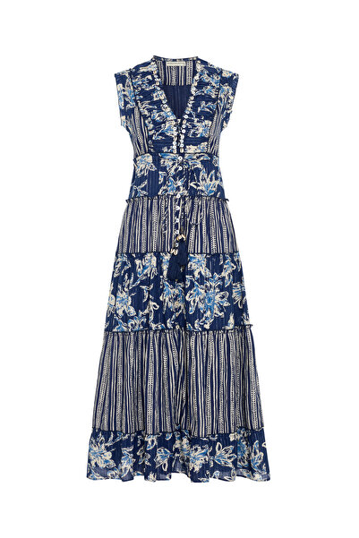 Mudo ETNİK BASKILI İŞLEMELİ KOLSUZ UZUN ELBİSE