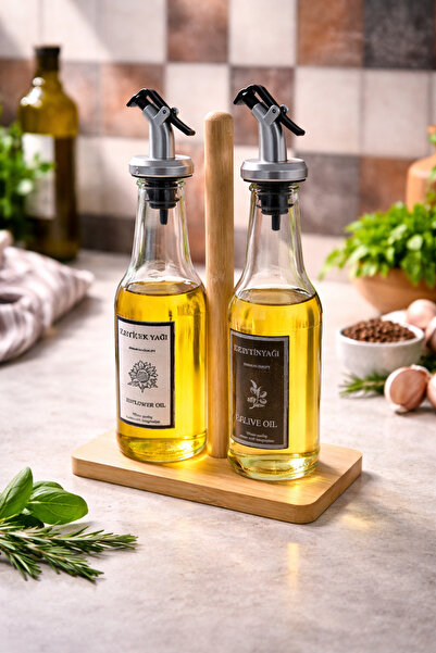Molansa Living Bambu Standlı 2'li Cam Yağdanlık Seti Zeytinyağı Ayçiçek Yağı ...