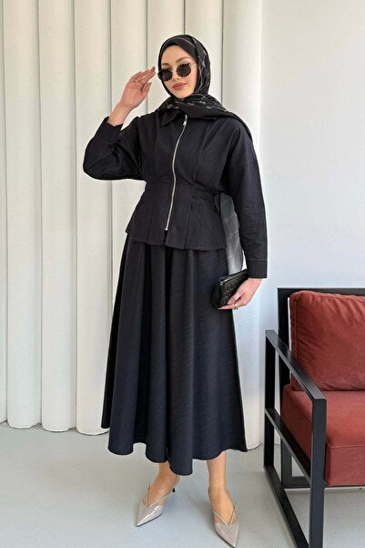 Modaensarbutik Beli Lastikli Fermuarlı Etekli Tesettür Takım-LACİVERT