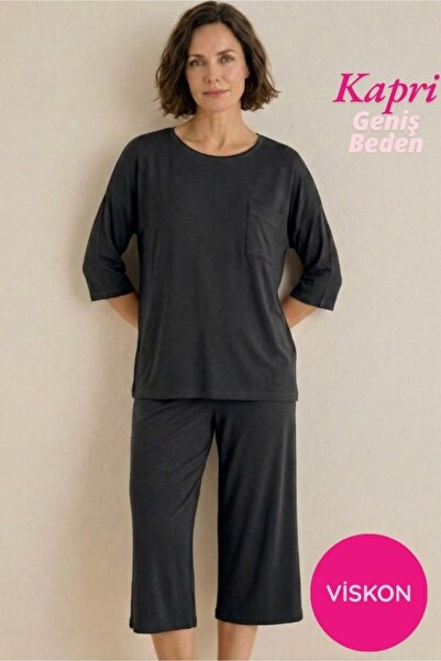 seamlife Buttonless Wide Collar Chest Pocketed Viscose Short Sleeve Capri Paj...