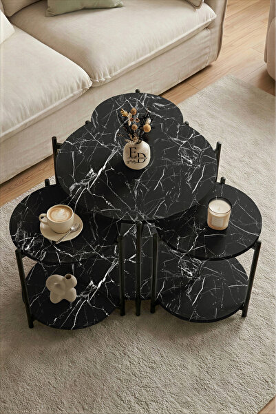 ED Efelez Design Zigon ve Orta Sehpa 4'lü Takım , Metal Ayaklı , Daisy 3+1 Se...