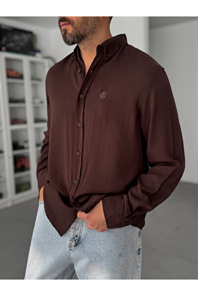 BYBASICMAN Smeđa Vezena Tensel Oversize kroj Košulja G-5792