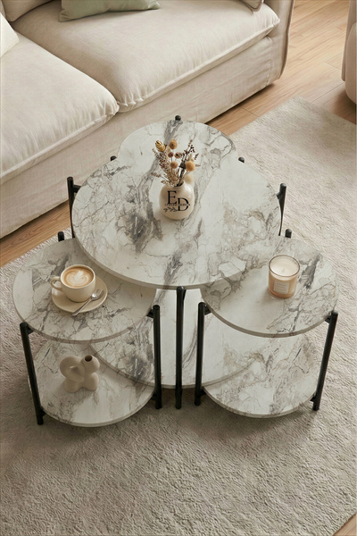 ED Efelez Design Zigon ve Orta Sehpa 4'lü Takım , Metal Ayaklı , Daisy 3+1 Se...