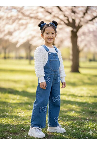 AYDEDE KİDS Kız Çocuk Kot Salopet Takım Kelebek Nakış Detaylı Beyaz Bluzlu Ko...