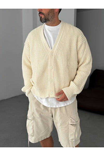 BYBASICMAN Ecru Buttoned Oversized Knitwear Cardigan G-3002-2