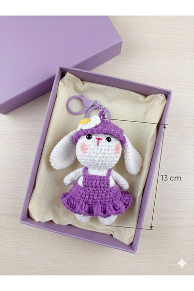 EL YAPIMI Mor elbiseli amigurumi tavşan Anahtarlık çanta charmı