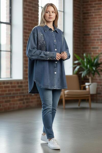 Empaty سترة جينز نسائية كبيرة الحجم مطرزة بالتطريز