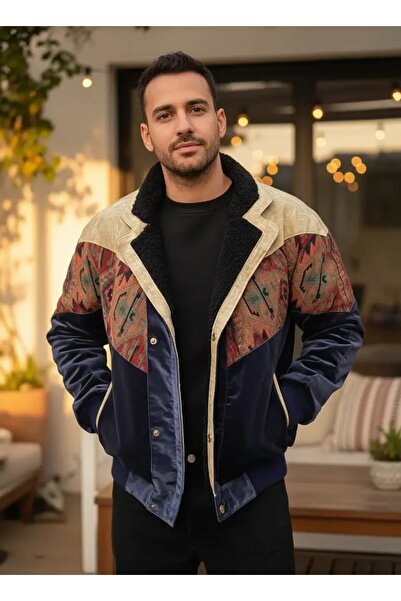 CANMODA (7883) Recien Unisex Fur-Trimmed Yaka Vintage Aztek Jacket Oversized ...