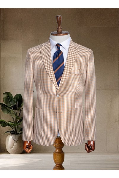 Sergio Ferraro Beige Houndstooth Pocket Italian Style S Slim Fit Classic Men's Blazer Jacket