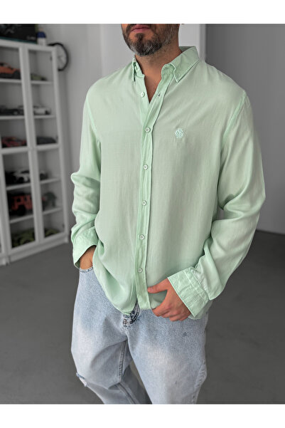 BYBASICMAN Svetlo zelena Vezena Tensel Oversize kroj košulja G-5792