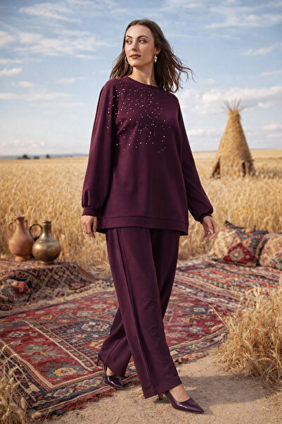 Nuss Stone Stud Detail Tunic Trousers Set 1076 Plum