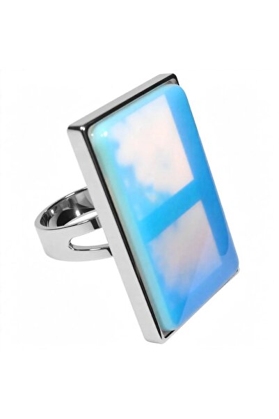 ZODIACOOL Inel Opal, piatra dreptunghi mare, oțel inoxidabil, reglabil pe mai...
