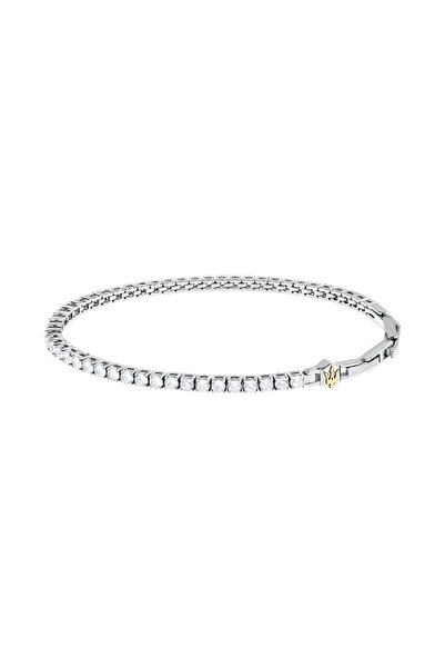 Maserati Tennis bracelet, silver stainless steel, white crystals, gold logo, ...