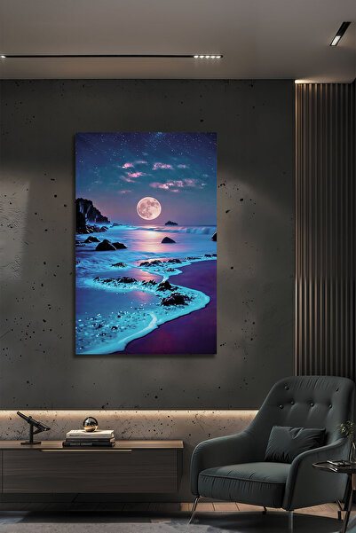 B&G DESIGN Masă decorativă din sticlă cu vedere la lună plină și la marea noc...