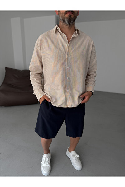 BYBASICMAN Bež košulja od seersaker tkanine Prugasto TW-1230