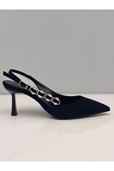 FELES Kadın Siyah Nubuk Arkası Açık İnce Topuklu Stiletto Taş Detaylı - 7 cm ...