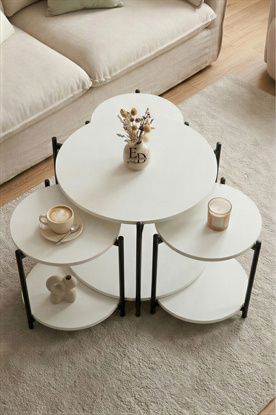 ED Efelez Design Zigon ve Orta Sehpa 4'lü Takım , Metal Ayaklı , Daisy 3+1 Se...