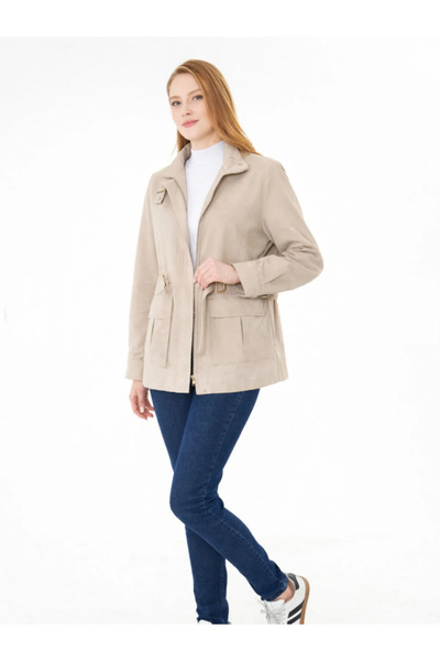 PIQUE Women's Mock Neck Belt Piece Medium Length Trench Coat Glori