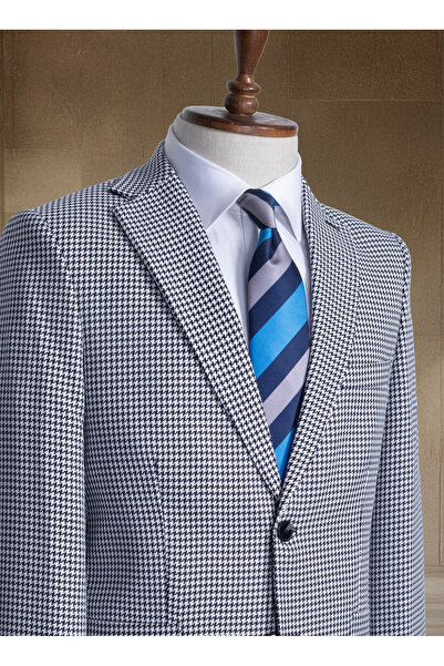 Sergio Ferraro Navy Blue Houndstooth Pocket Italian Style S Slim Fit Classic ...