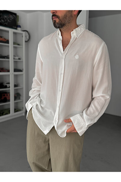 BYBASICMAN Bela Vezena Tensel Oversize kroj Košulja G-5792